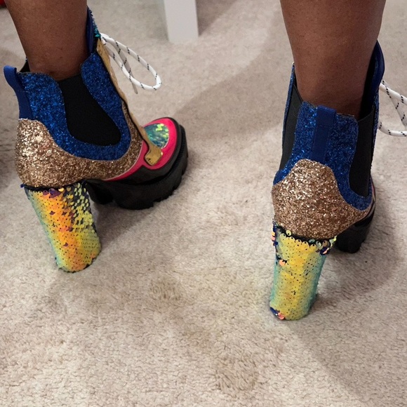 Sequin Combat Platform Heel Booties - Picture 11 of 15